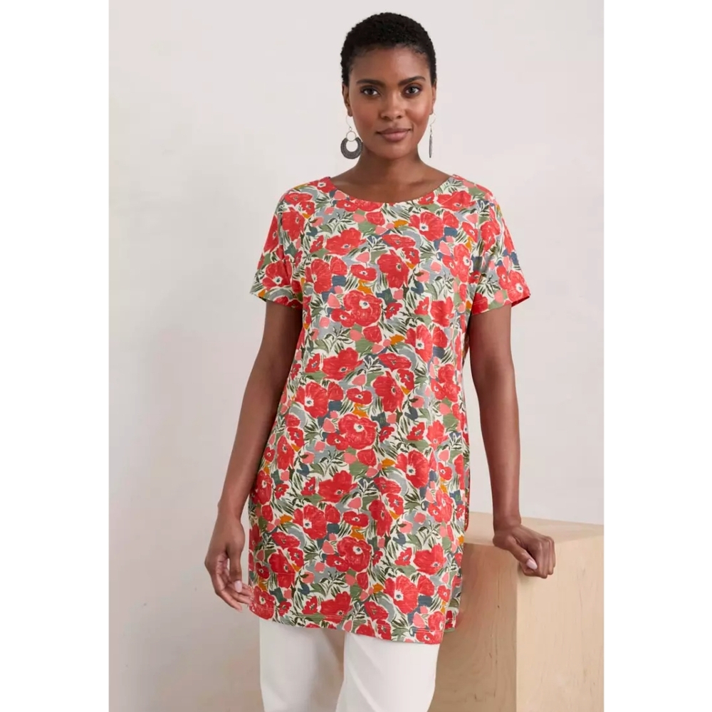 Seasalt Cornwall Floral Ocean Gaze Tunic Top Organic Cotton Red Size 12